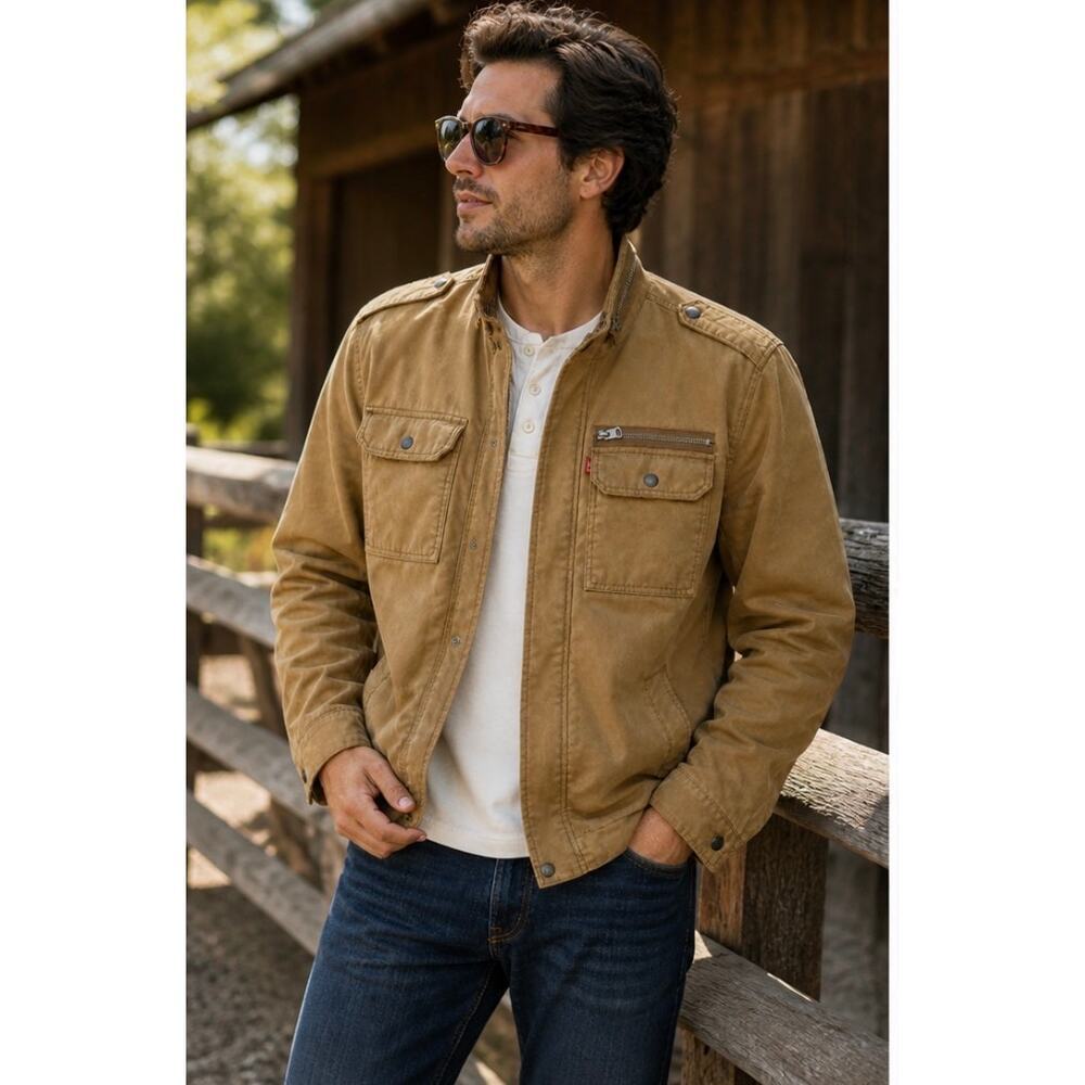 Levi’s Washed Cotton Military Jacket Utility Field Coat Tan Quilted Lined Work
